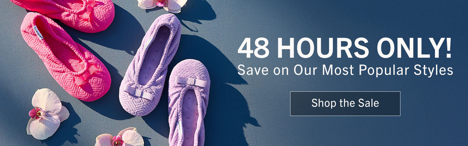 A promotional banner showing a pair of pink slip-on shoes and a pair of lavender slip-on shoes on a dark blue background, with text reading '48 HOURS ONLY! Save on Our Most Popular Styles' and a 'Shop the Sale' button.