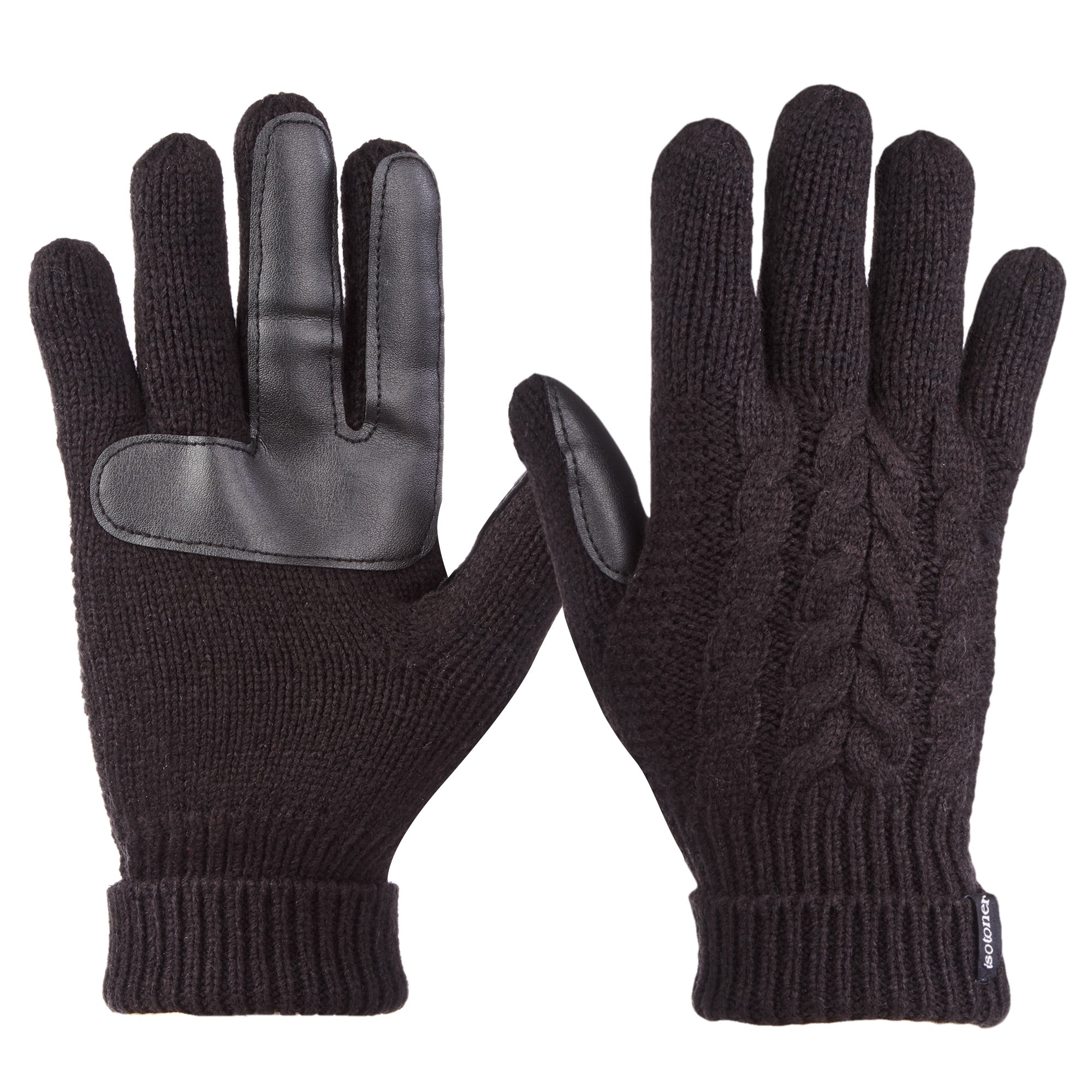 A pair of black cable knit touchscreen gloves for women. isotoner chevron knit glove