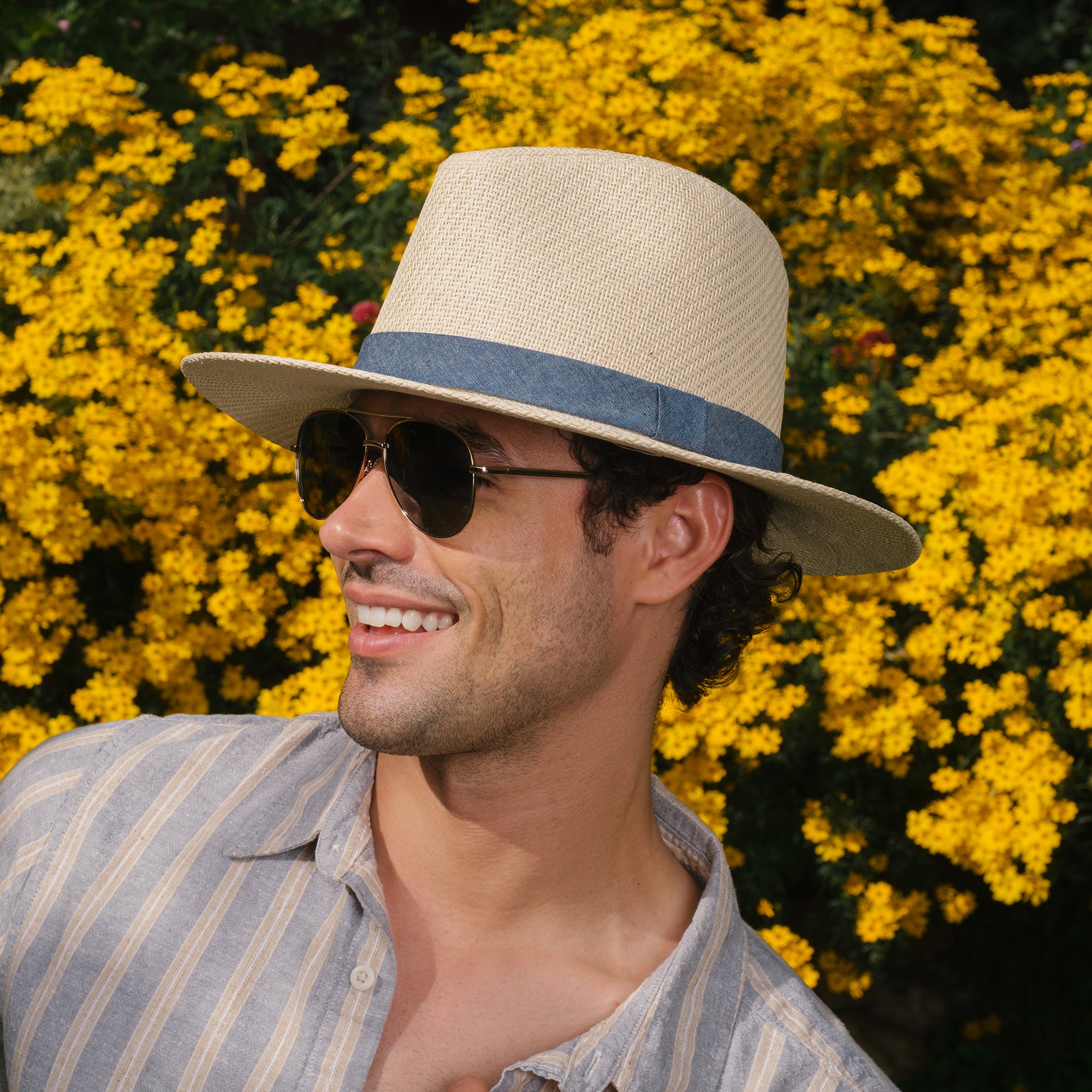 A60234 Beige Panama Hat with Chambray Band white background