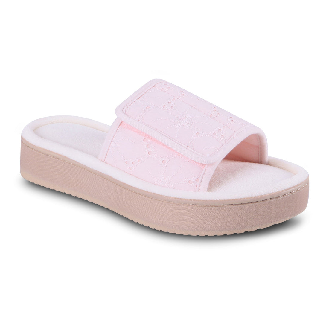 9406 Isotoner Slipper Pink Slides With floral pattern on a white background