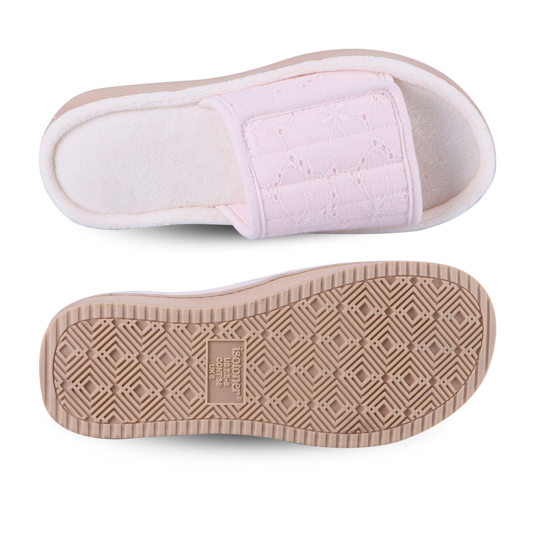 9406 Isotoner Slipper Pink Slides With floral pattern on a white background