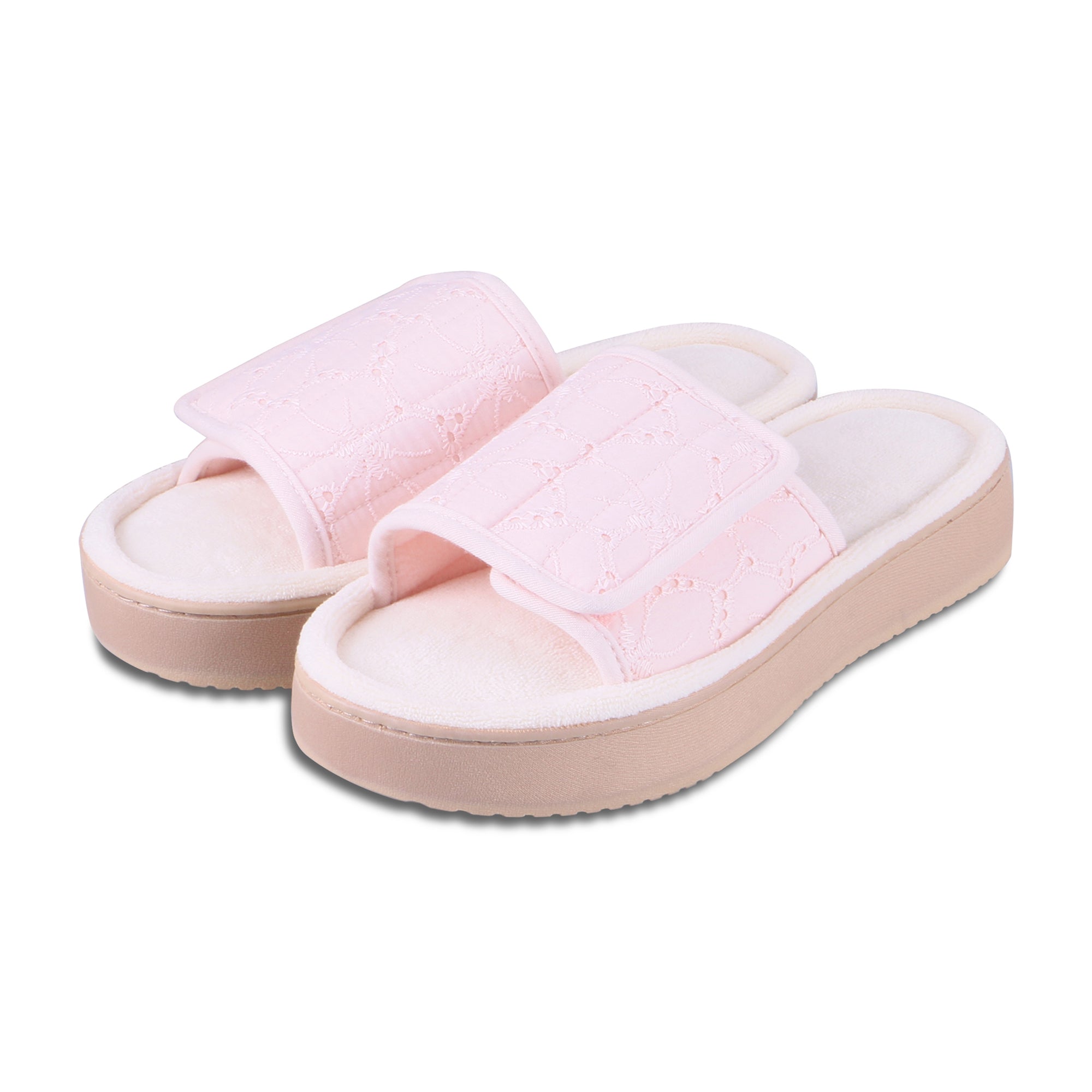 9406 Isotoner Slipper Pink Slides With floral pattern on a white background