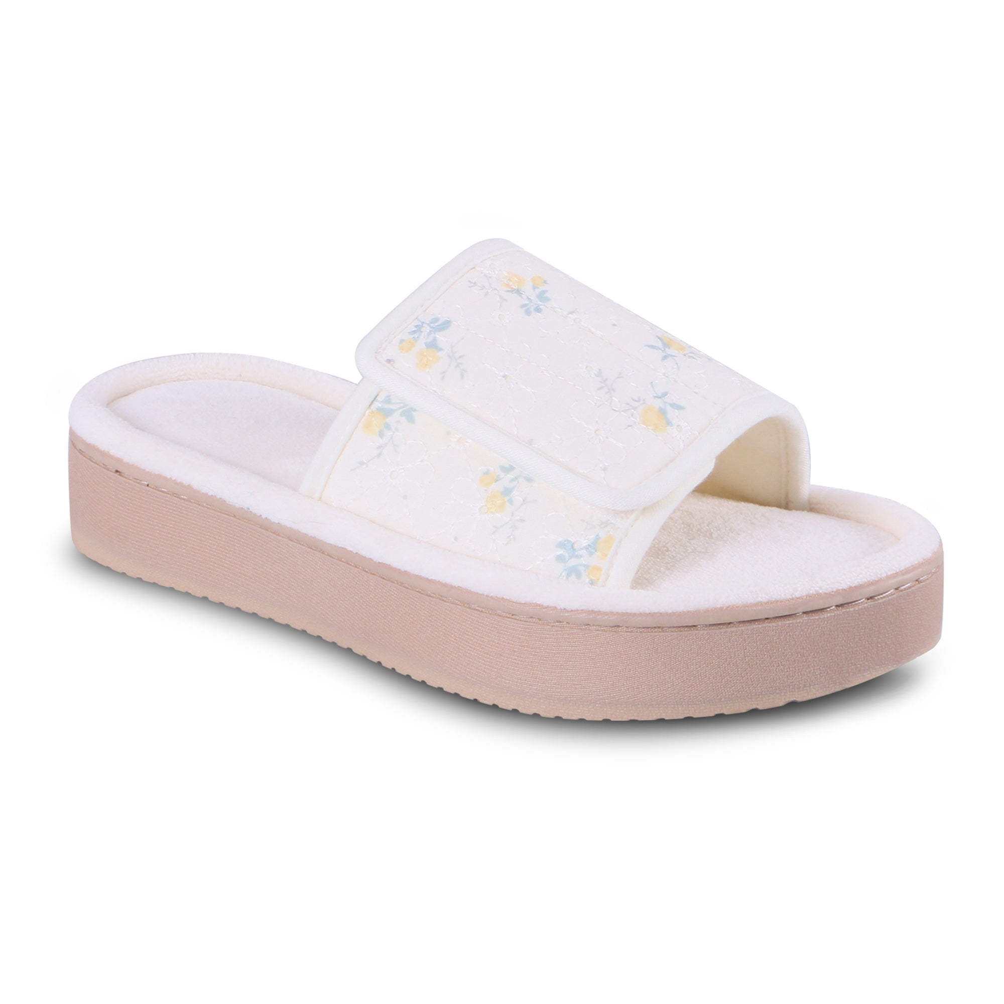 9406 Isotoner Slipper yellow Slides With floral pattern on a white background