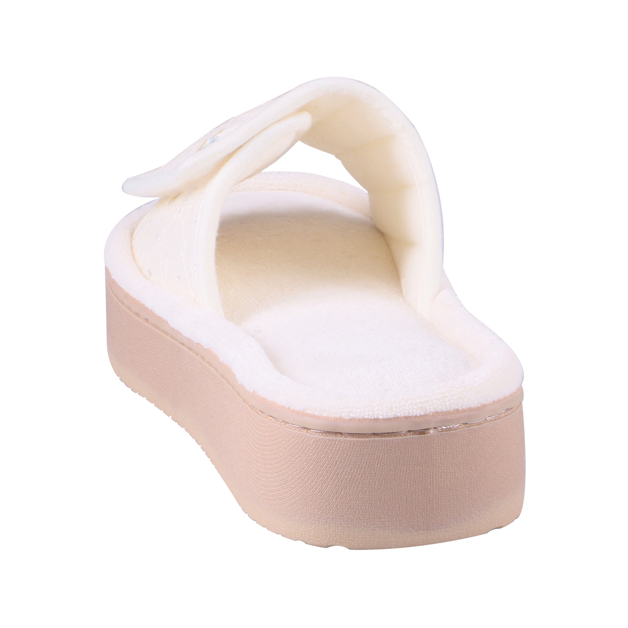 9406 Isotoner Slipper yellow Slides With floral pattern on a white background
