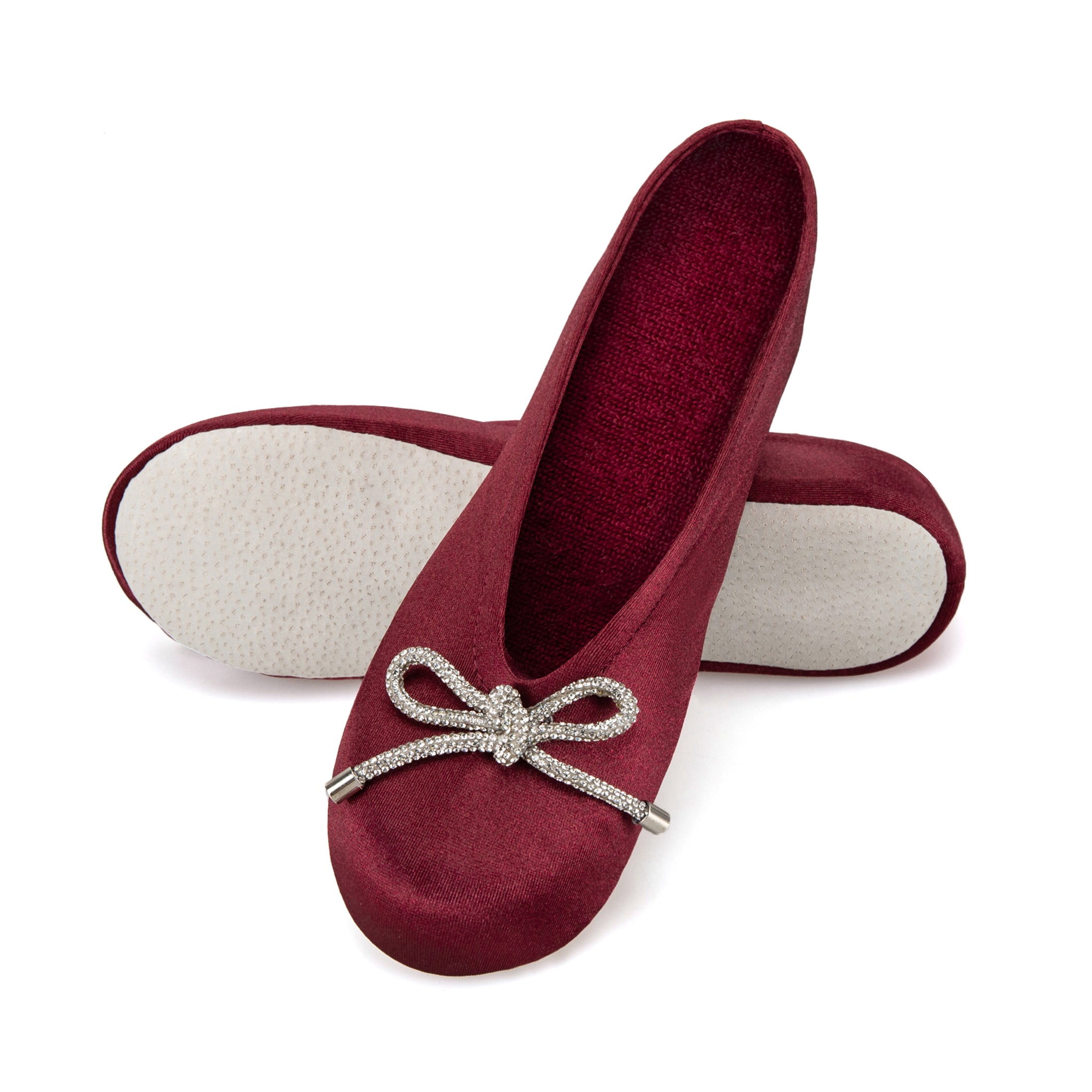 9916 Isotoner satin ballerina with sequin festive holiday bow.