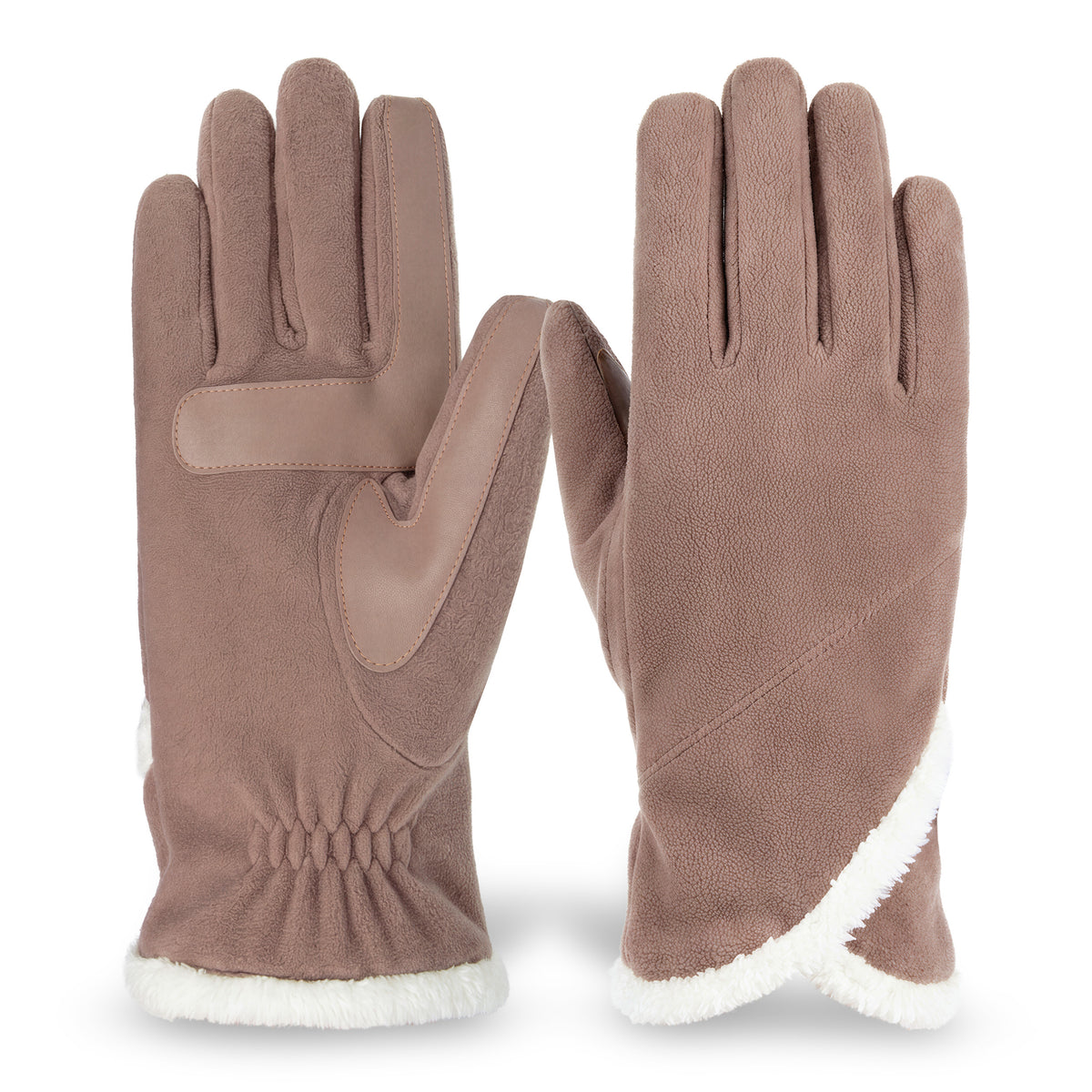 A pair of leopard-print knit gloves with black faux-leather trim and a black faux-fur cuff, shown against a plain white background.