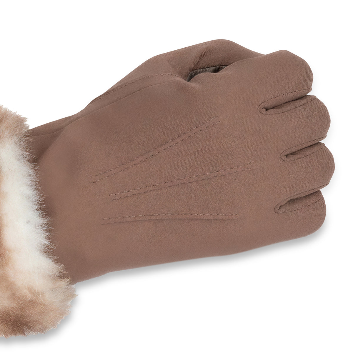 A pair of brown gloves with a soft white and brown faux-fur trim at the cuffs, displayed against a solid white background.