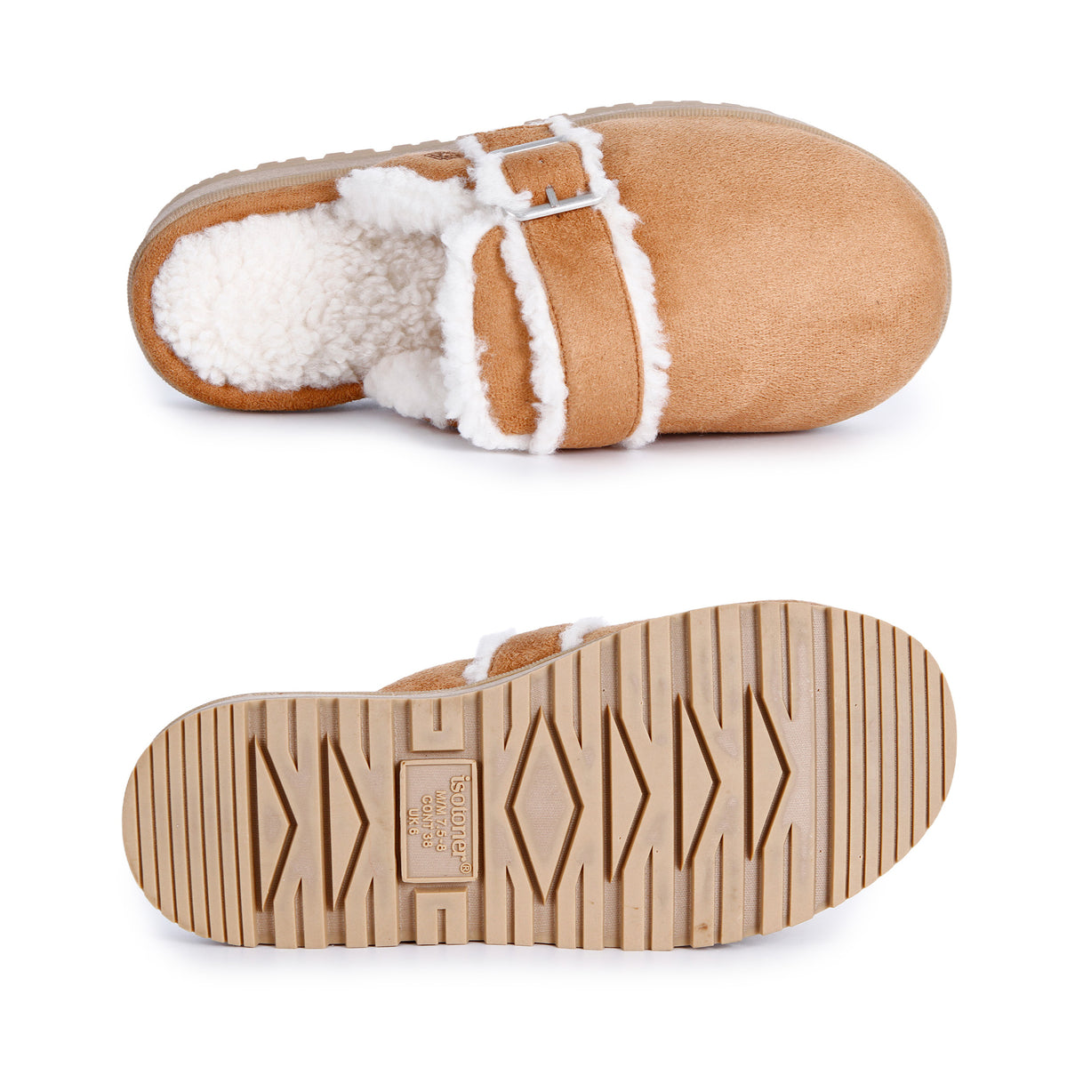 A tan suede clog-style slipper with white shearling lining and a silver buckle strap, shown on a plain white background.