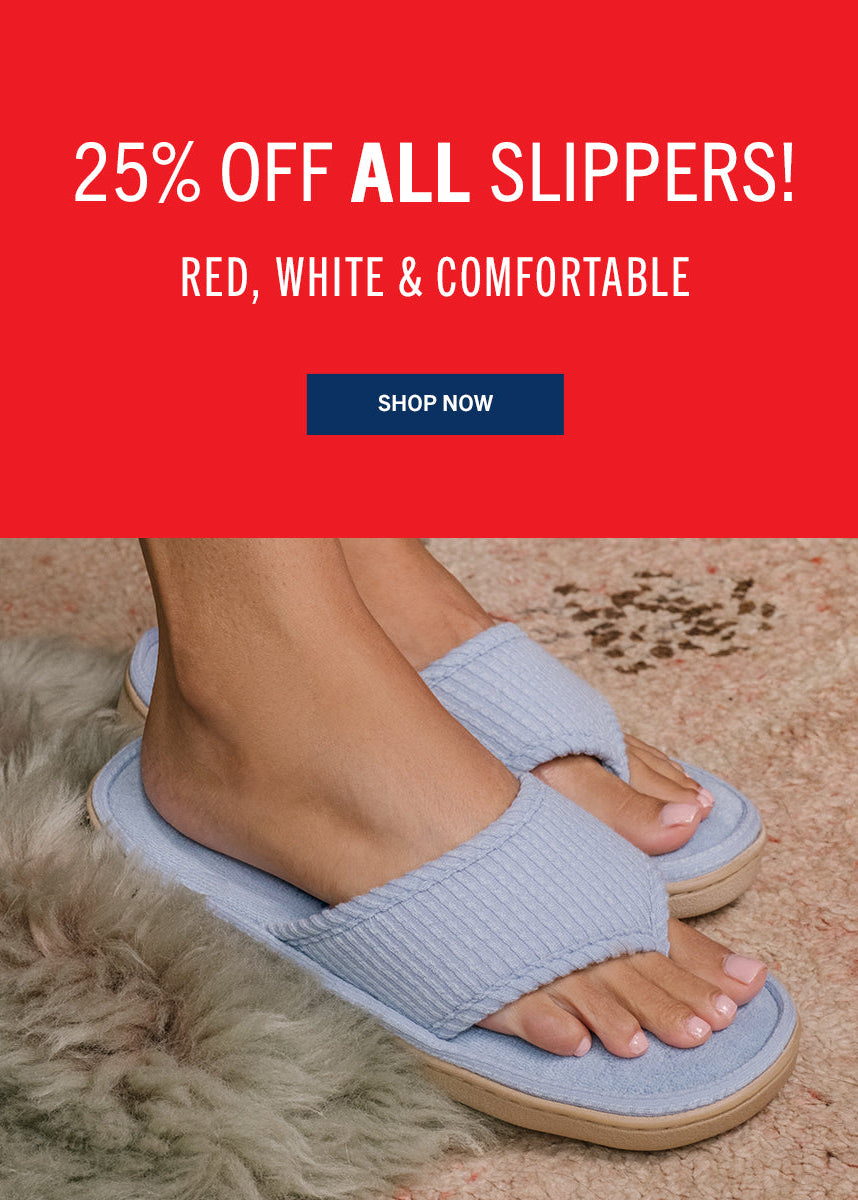 Promotional banner for slippers with a red background, showing a pair of blue slippers on feet.