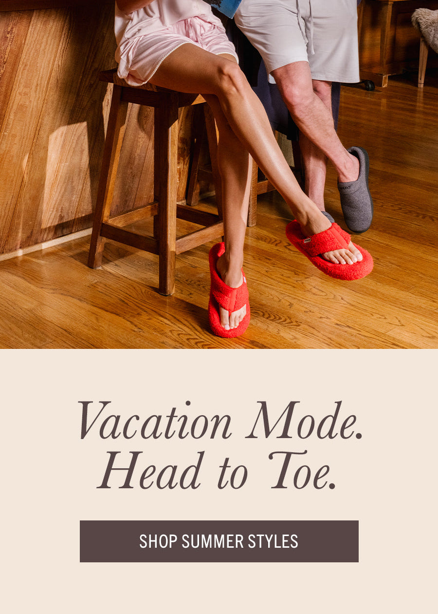 Two people in a casual setting with text promoting summer styles.