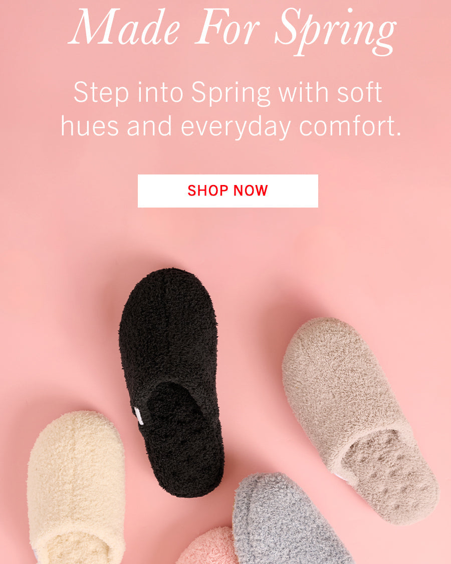 Set of soft slippers on a pink background with text promoting spring fashion.
