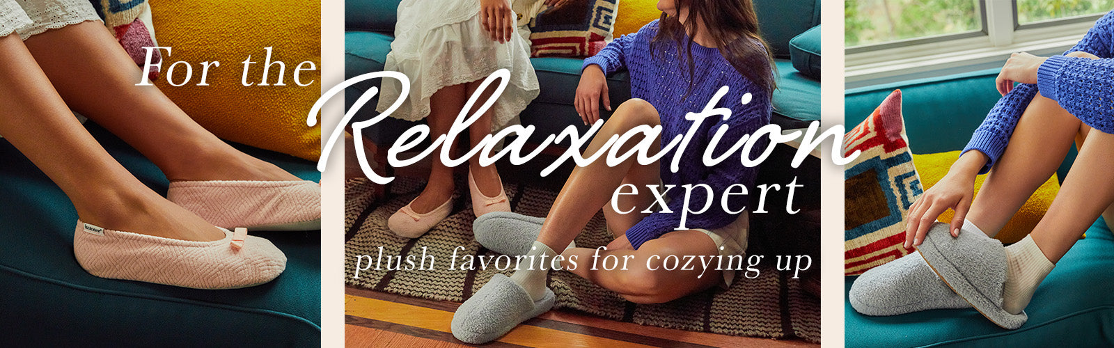 Woman in a blue sweater sitting on a couch with text about relaxation and cozying up. isotoner relaxation experts.