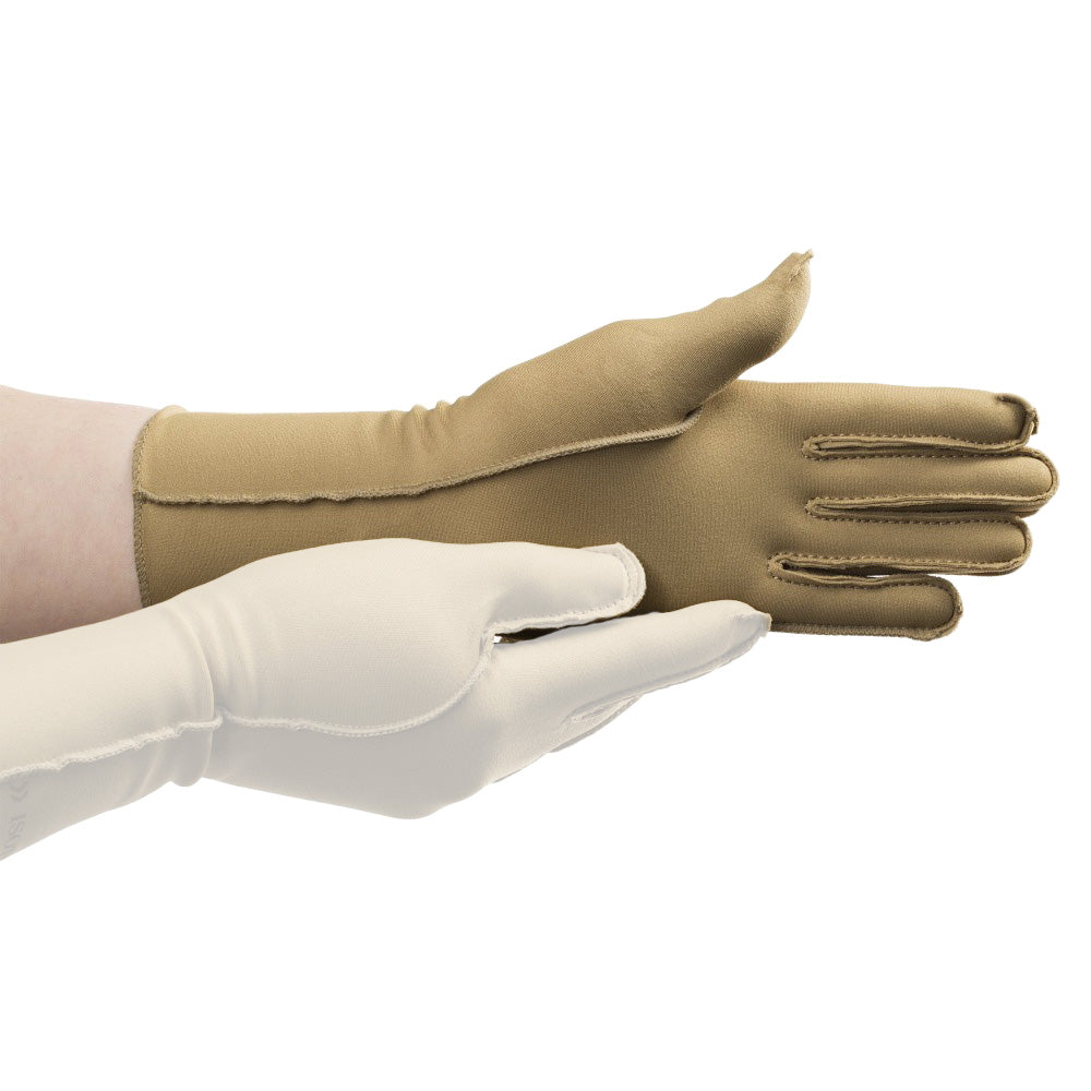 A person wearing a beige full finger therapeutic compression glove on their left hand.