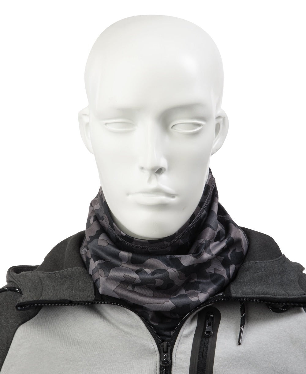 Men’s Antimicrobial Fleece Gaiter in Black Camo pulled around a mannequins neck