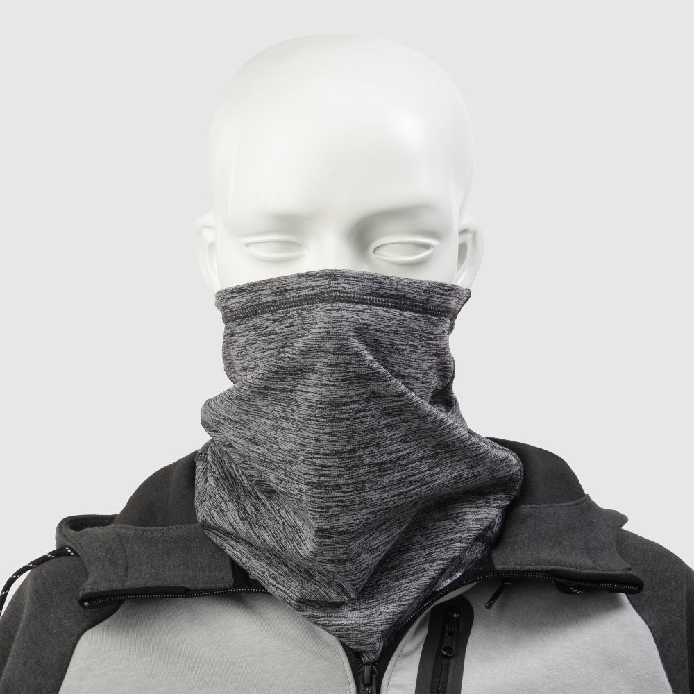 Men’s Antimicrobial Fleece Gaiter in Heather Grey pulled up around the mannequin&
