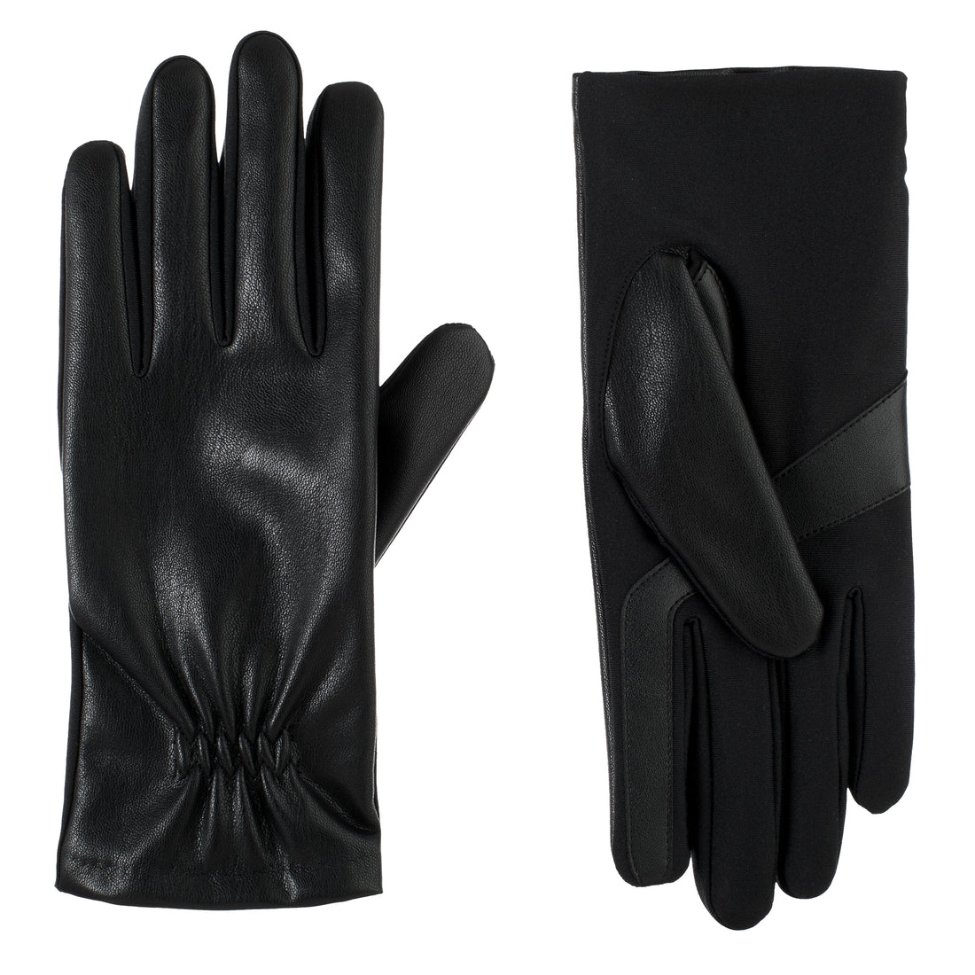30569 A pair of black faux stretch leather gloves with smartTouch technology. 