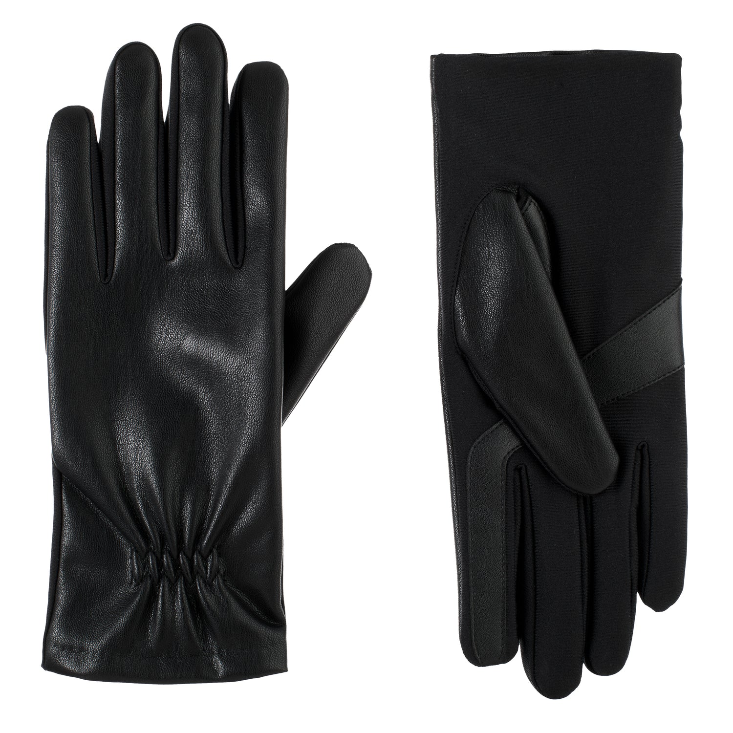 30569 A pair of black faux stretch leather gloves with smartTouch technology. 