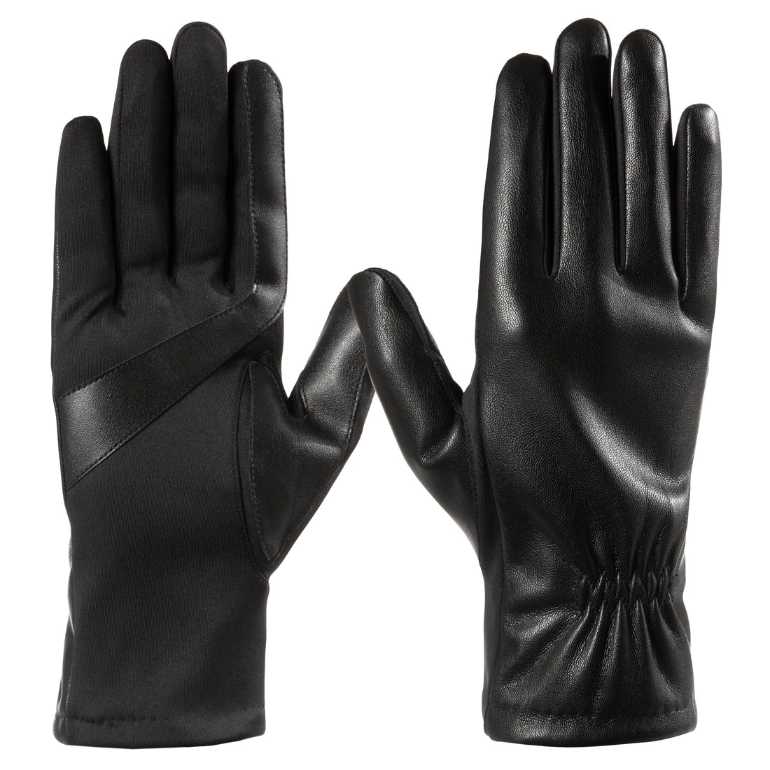 30569 A pair of black faux stretch leather gloves with smartTouch technology.