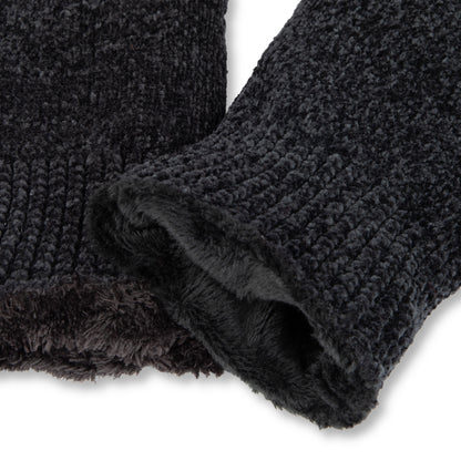 A pair of black knit winter gloves shown against a plain white background, with one glove displaying the textured knit body and the other showing a smooth black palm patch.

