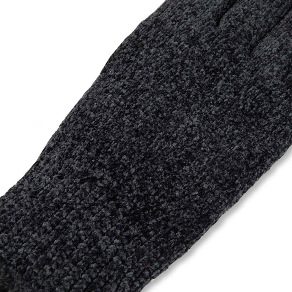 A pair of black knit winter gloves shown against a plain white background, with one glove displaying the textured knit body and the other showing a smooth black palm patch.

