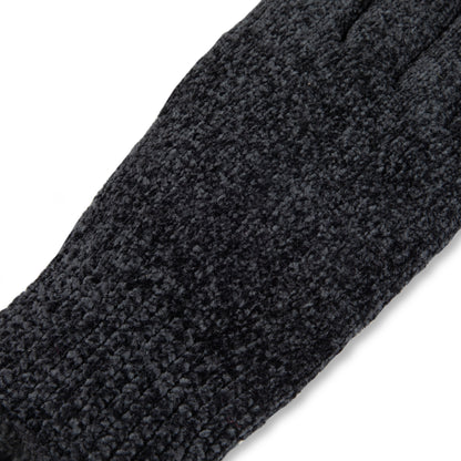 A pair of black knit winter gloves shown against a plain white background, with one glove displaying the textured knit body and the other showing a smooth black palm patch.

