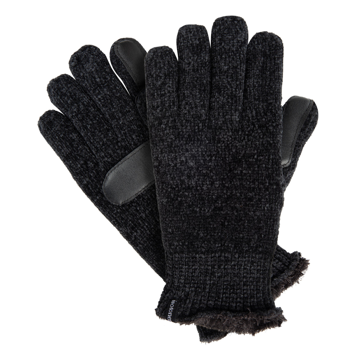 A pair of black knit winter gloves shown against a plain white background, with one glove displaying the textured knit body and the other showing a smooth black palm patch.

