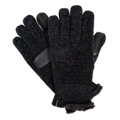 A pair of black knit winter gloves shown against a plain white background, with one glove displaying the textured knit body and the other showing a smooth black palm patch.


