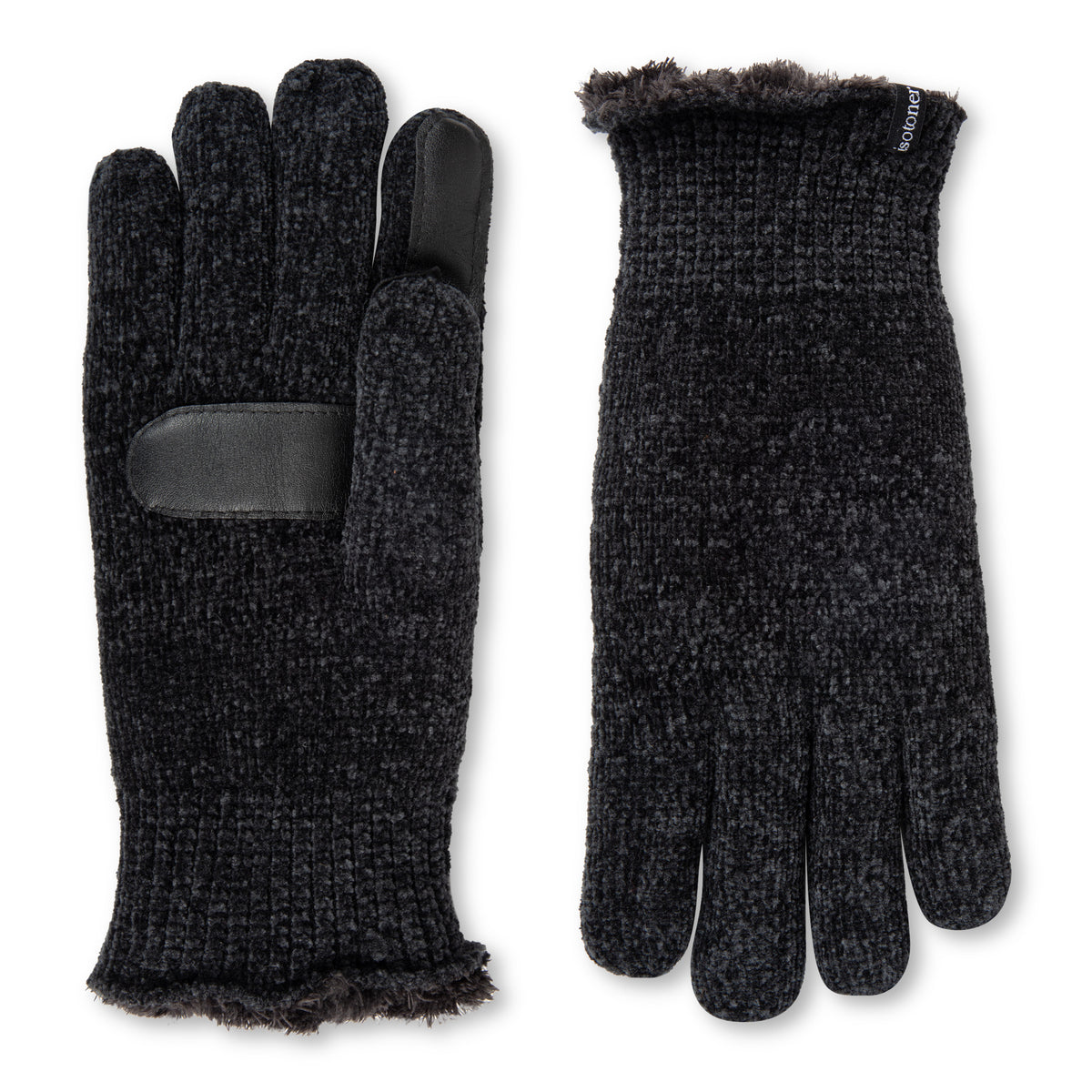 A pair of black knit winter gloves shown against a plain white background, with one glove displaying the textured knit body and the other showing a smooth black palm patch.

