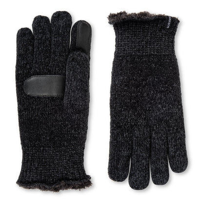 A pair of black knit winter gloves shown against a plain white background, with one glove displaying the textured knit body and the other showing a smooth black palm patch.

