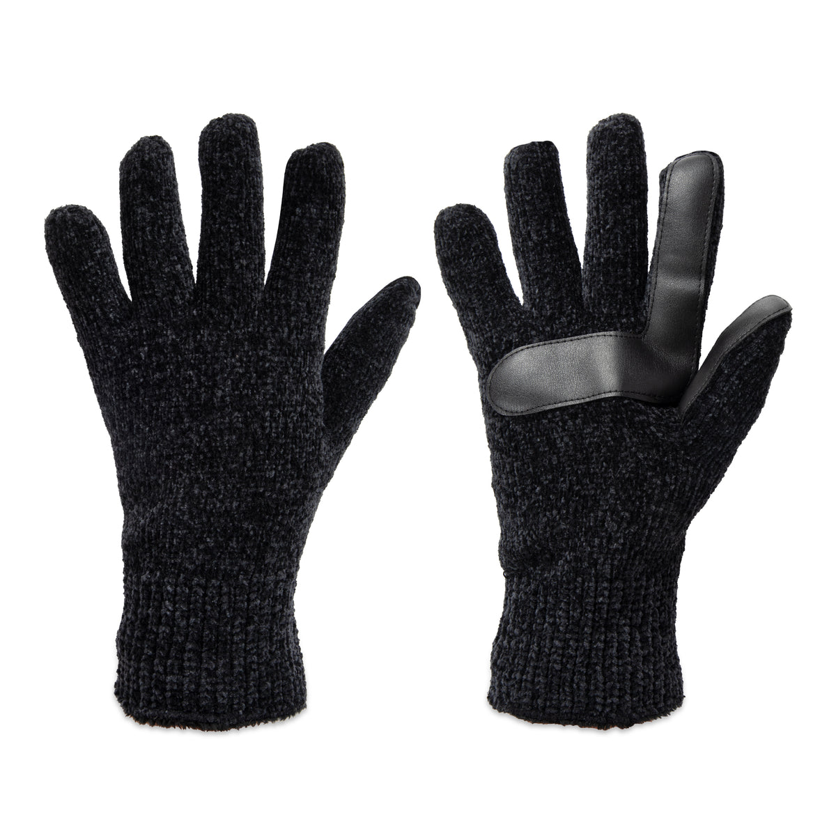 A pair of black knit winter gloves shown against a plain white background, with one glove displaying the textured knit body and the other showing a smooth black palm patch.

