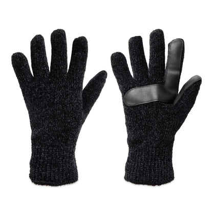 A pair of black knit winter gloves shown against a plain white background, with one glove displaying the textured knit body and the other showing a smooth black palm patch.

