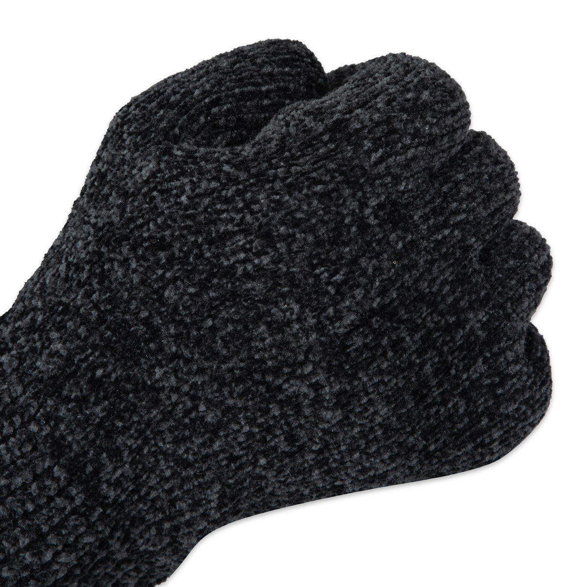 A pair of black knit winter gloves shown against a plain white background, with one glove displaying the textured knit body and the other showing a smooth black palm patch.

