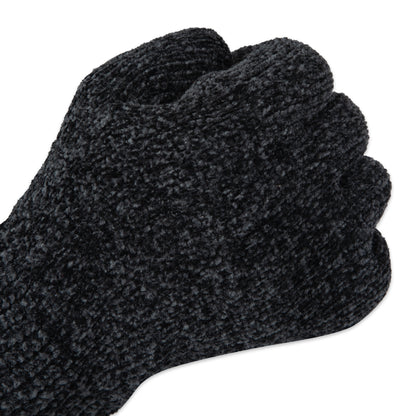A pair of black knit winter gloves shown against a plain white background, with one glove displaying the textured knit body and the other showing a smooth black palm patch.

