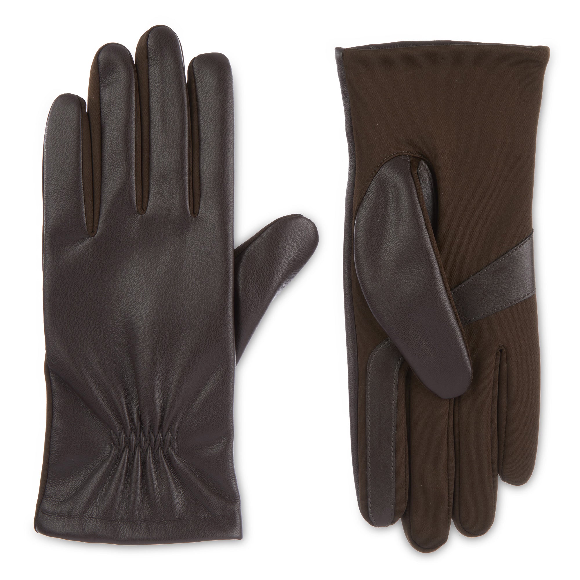 30569 A pair of black faux stretch leather gloves with smartTouch technology. 