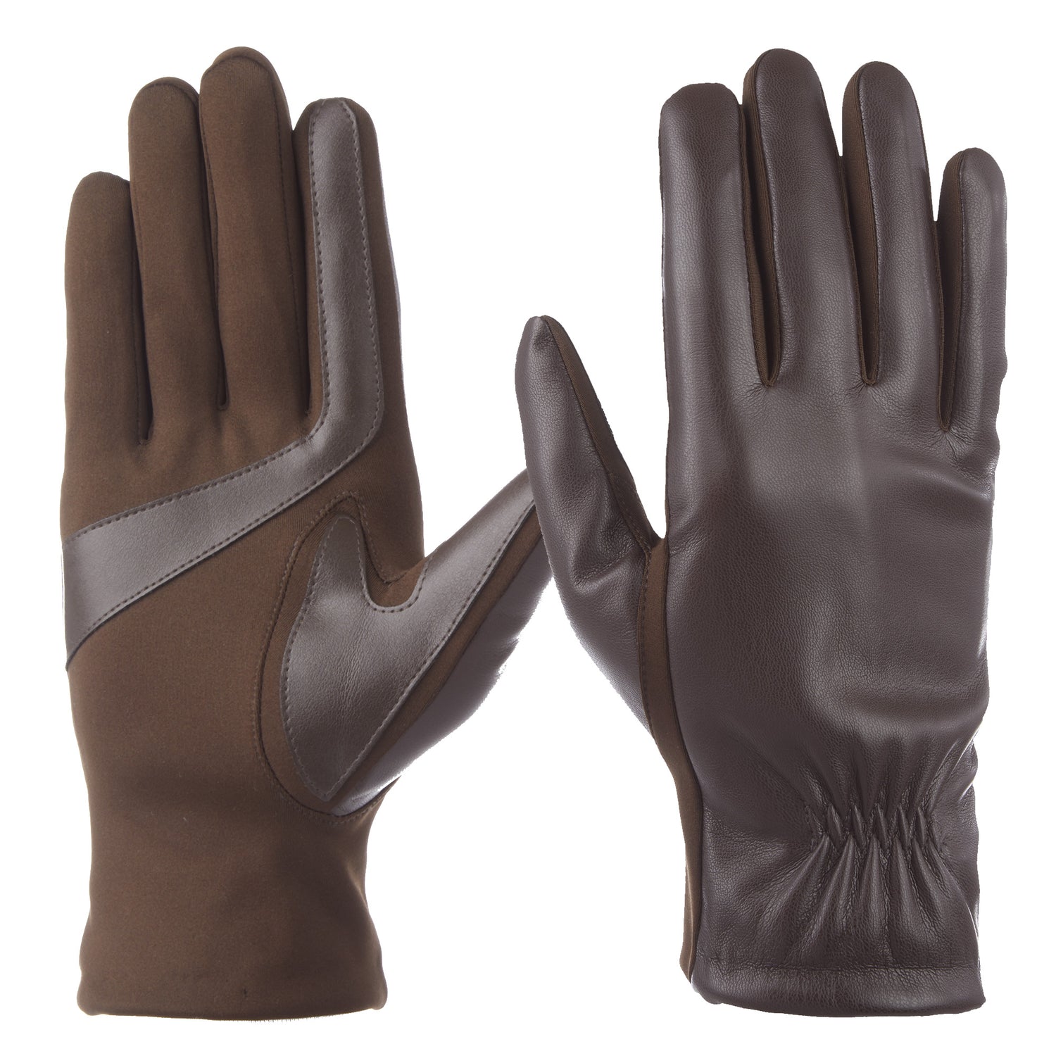 30569 A pair of black faux stretch leather gloves with smartTouch technology. 