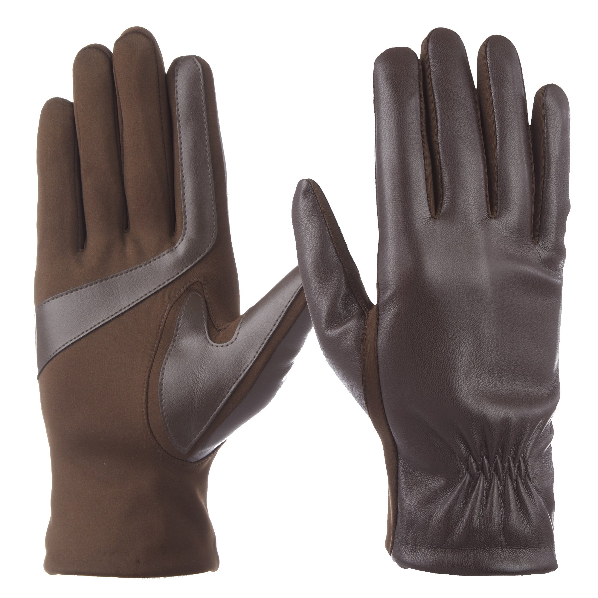 30569 A pair of black faux stretch leather gloves with smartTouch technology. 
