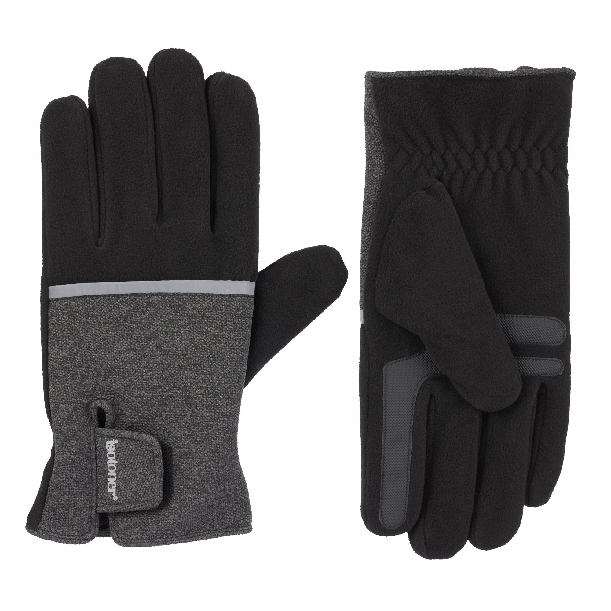 isotoner Men's Reflective Tech Stretch and Fleece Water Repellent Gloves with Touchscreen Technology, Black, Medium