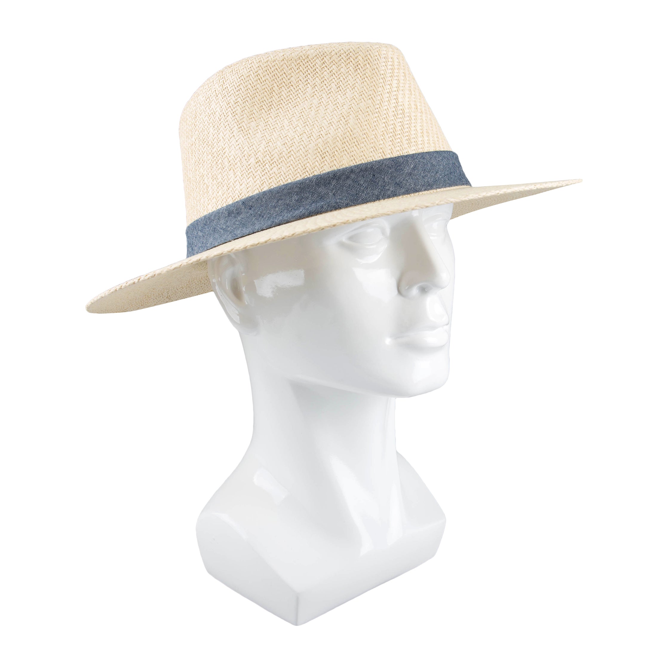A60234 Beige Panama Hat with Chambray Band white background 