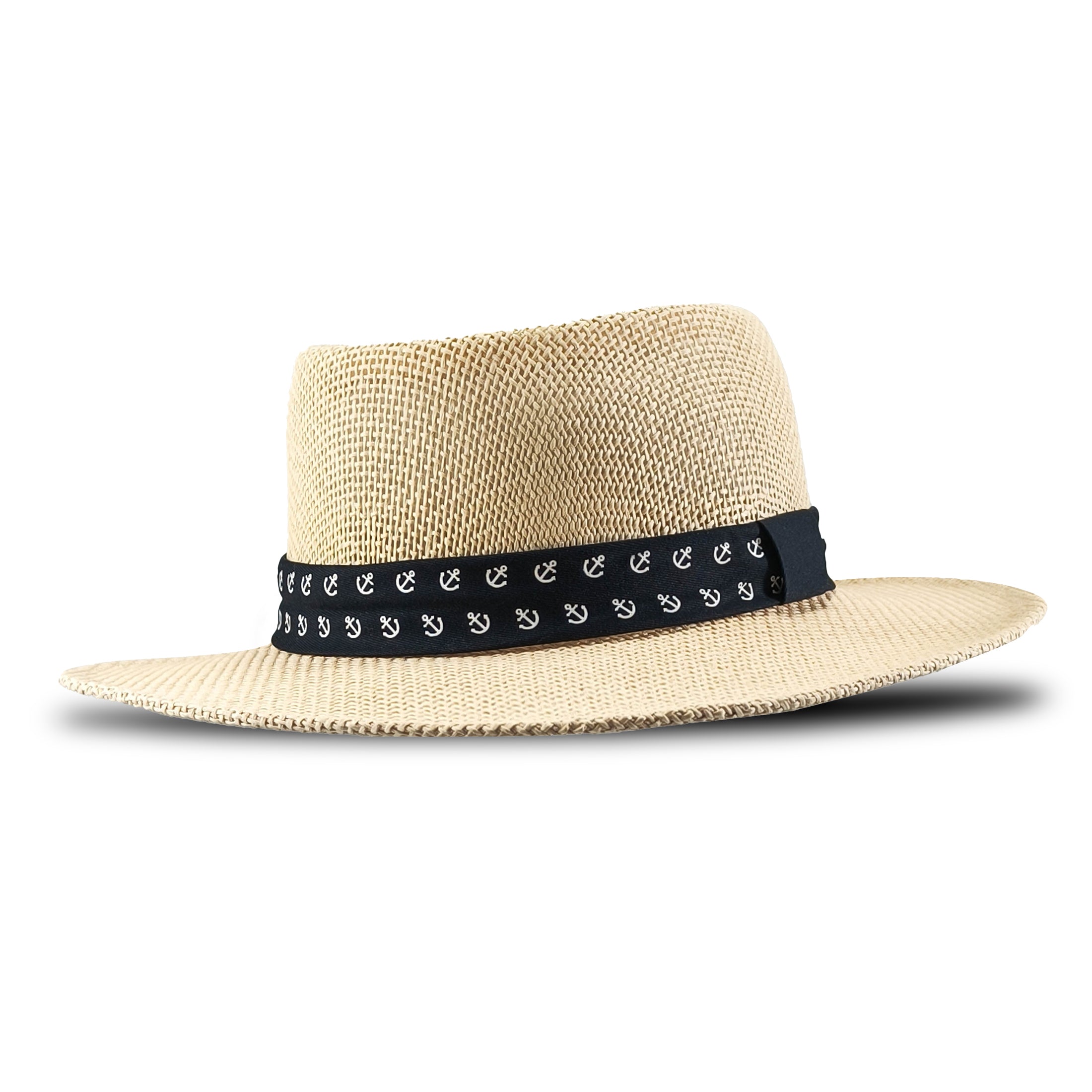 a60235 Beige straw hat with a black band featuring white patterns on a white background 