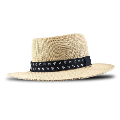 a60235 Beige straw hat with a black band featuring white patterns on a white background 