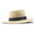 a60235 Beige straw hat with a black band featuring white patterns on a white background 