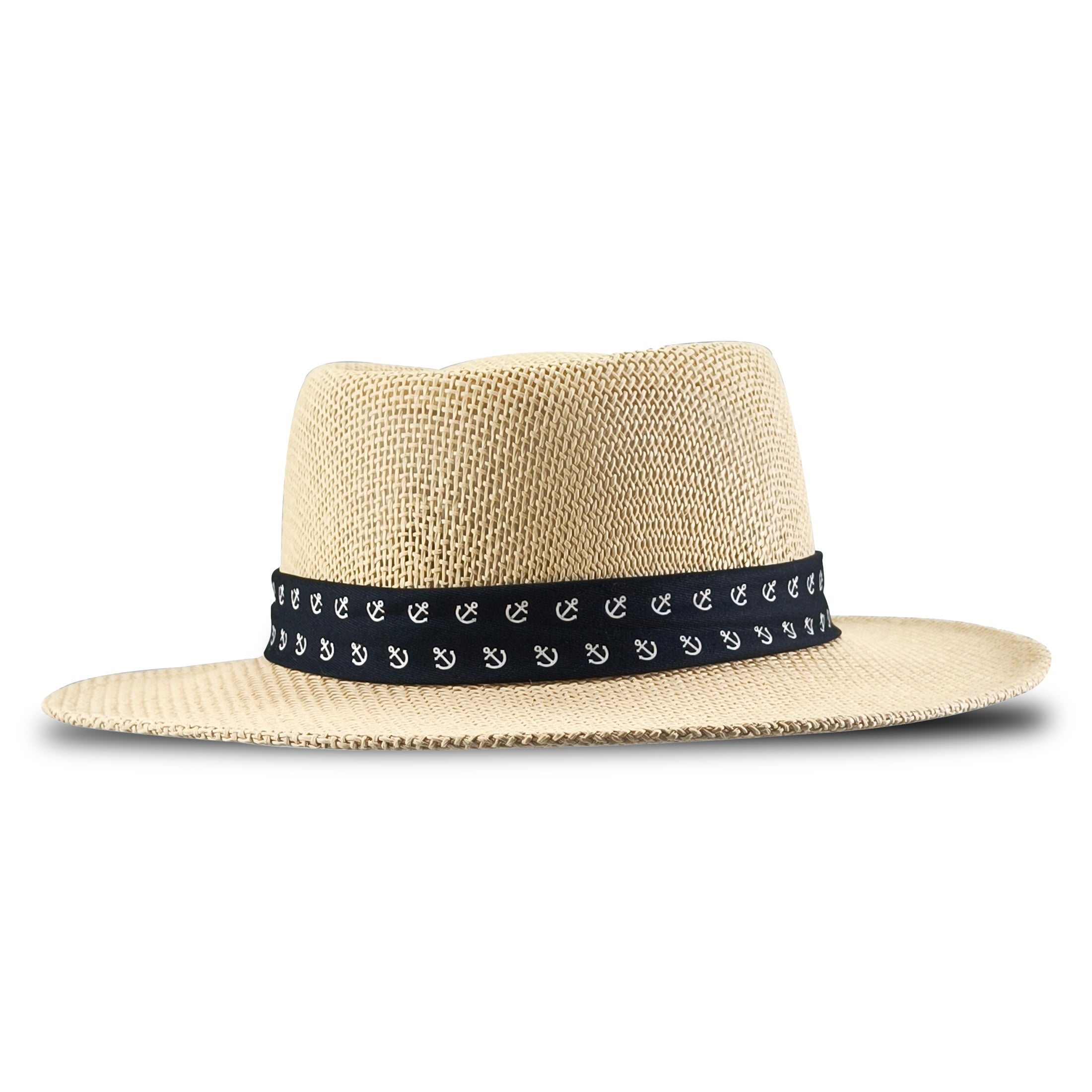 a60235 Beige straw hat with a black band featuring white patterns on a white background 