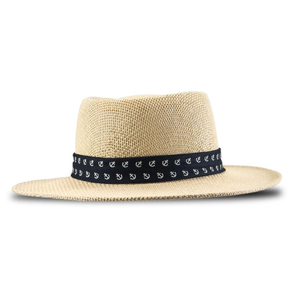 a60235 Beige straw hat with a black band featuring white patterns on a white background 