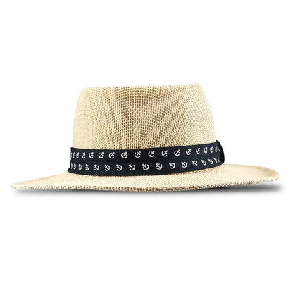 a60235 Beige straw hat with a black band featuring white patterns on a white background 