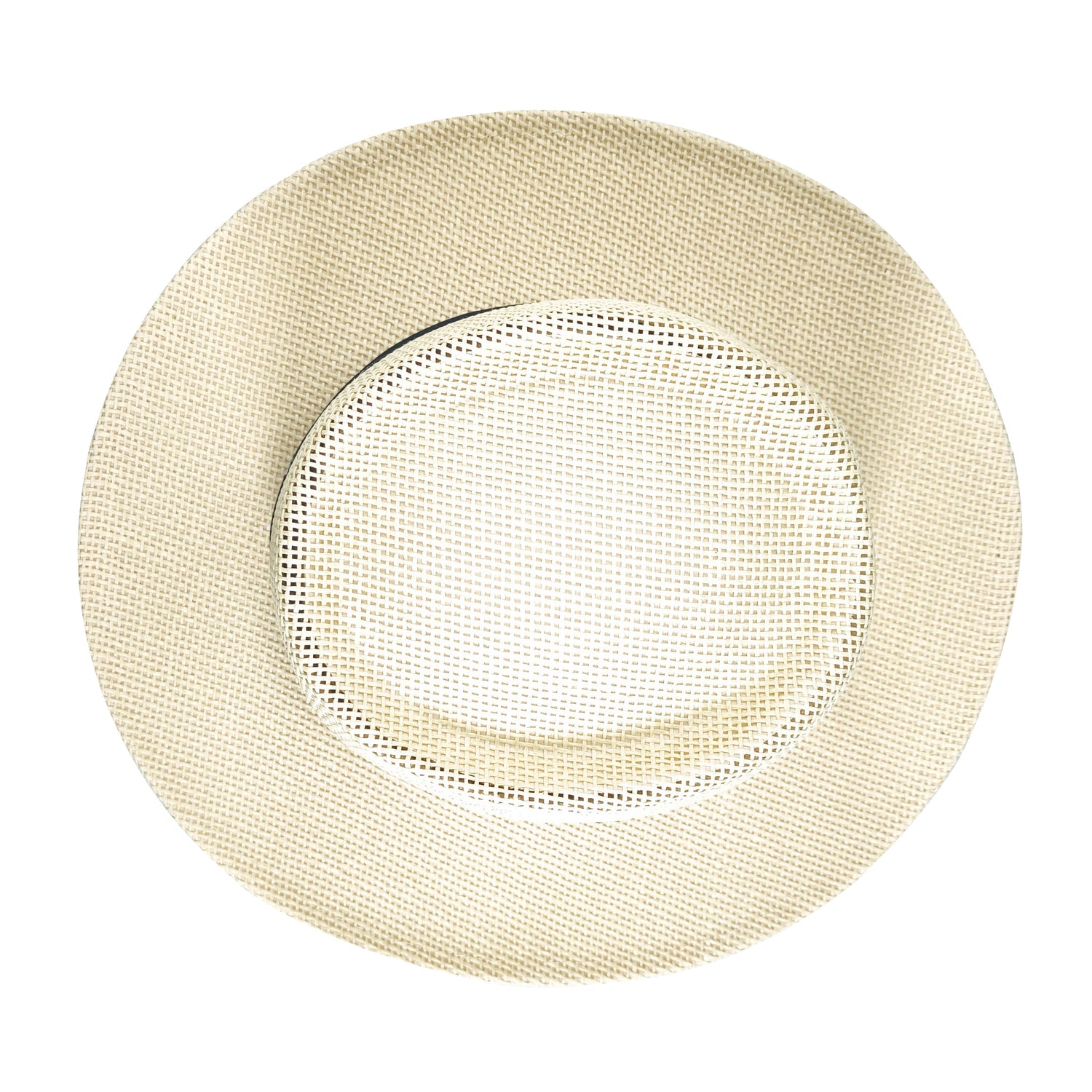 a60235 Beige straw hat with a black band featuring white patterns on a white background 