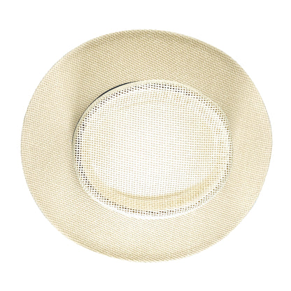 a60235 Beige straw hat with a black band featuring white patterns on a white background 