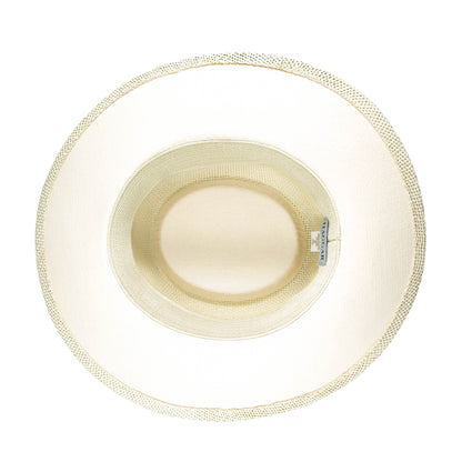 a60235 Beige straw hat with a black band featuring white patterns on a white background 