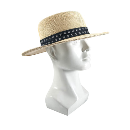 a60235 Beige straw hat with a black band featuring white patterns on a white background 