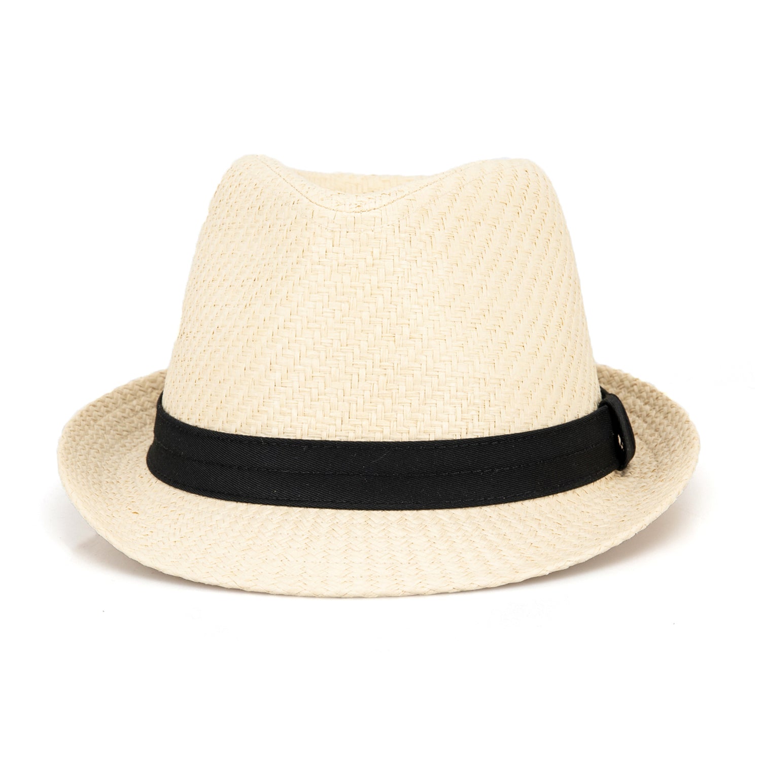 A60236 Beige straw hat with a black band on a white background


