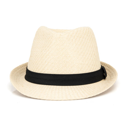 A60236 Beige straw hat with a black band on a white background

